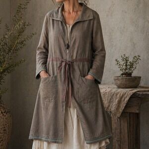 Solola Lagenlook Artsy Brown Tunic Dress Jacket Linen Cotton Blend Size 12 14 US